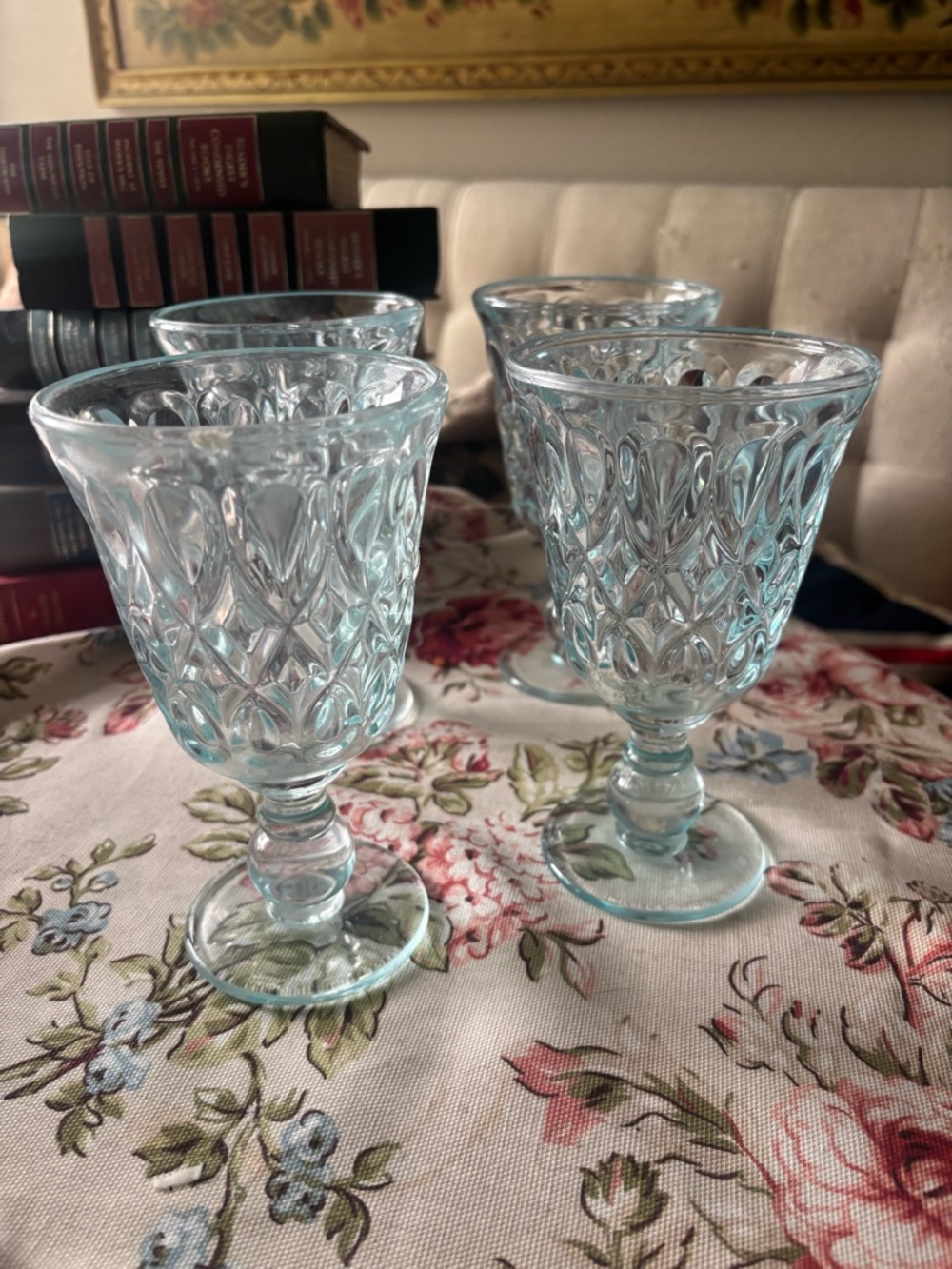 Vintage Style Aqua Pressed Glass Goblets - Set of 4